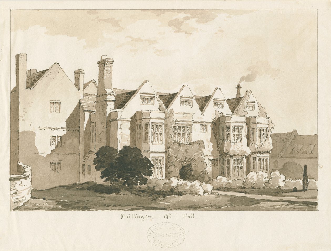 Whittington Hall: pen og vask tegning, 1836 af Thomas Peploe Wood