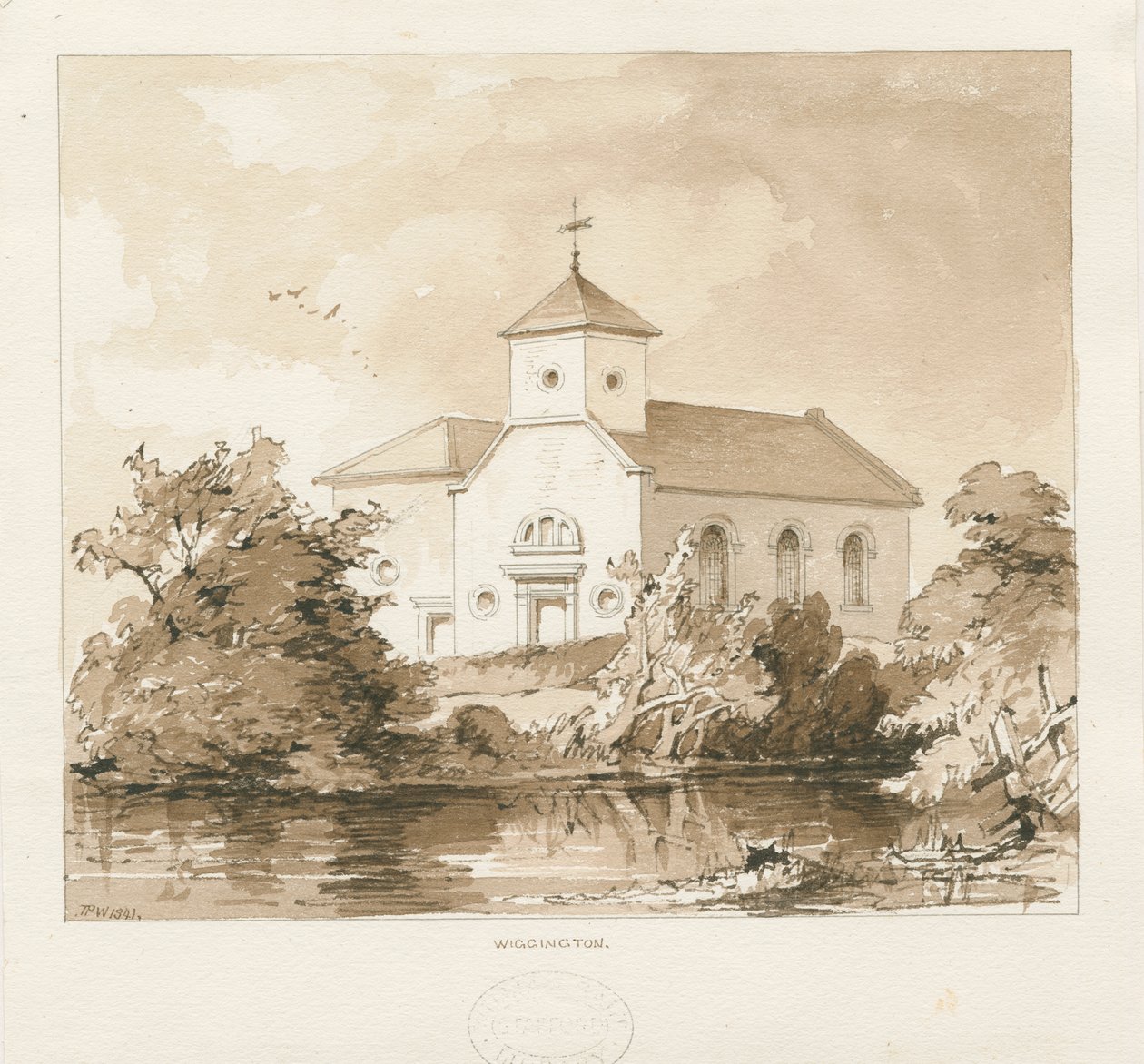 Wigginton Church: sepia vask tegning, 1841 af Thomas Peploe Wood