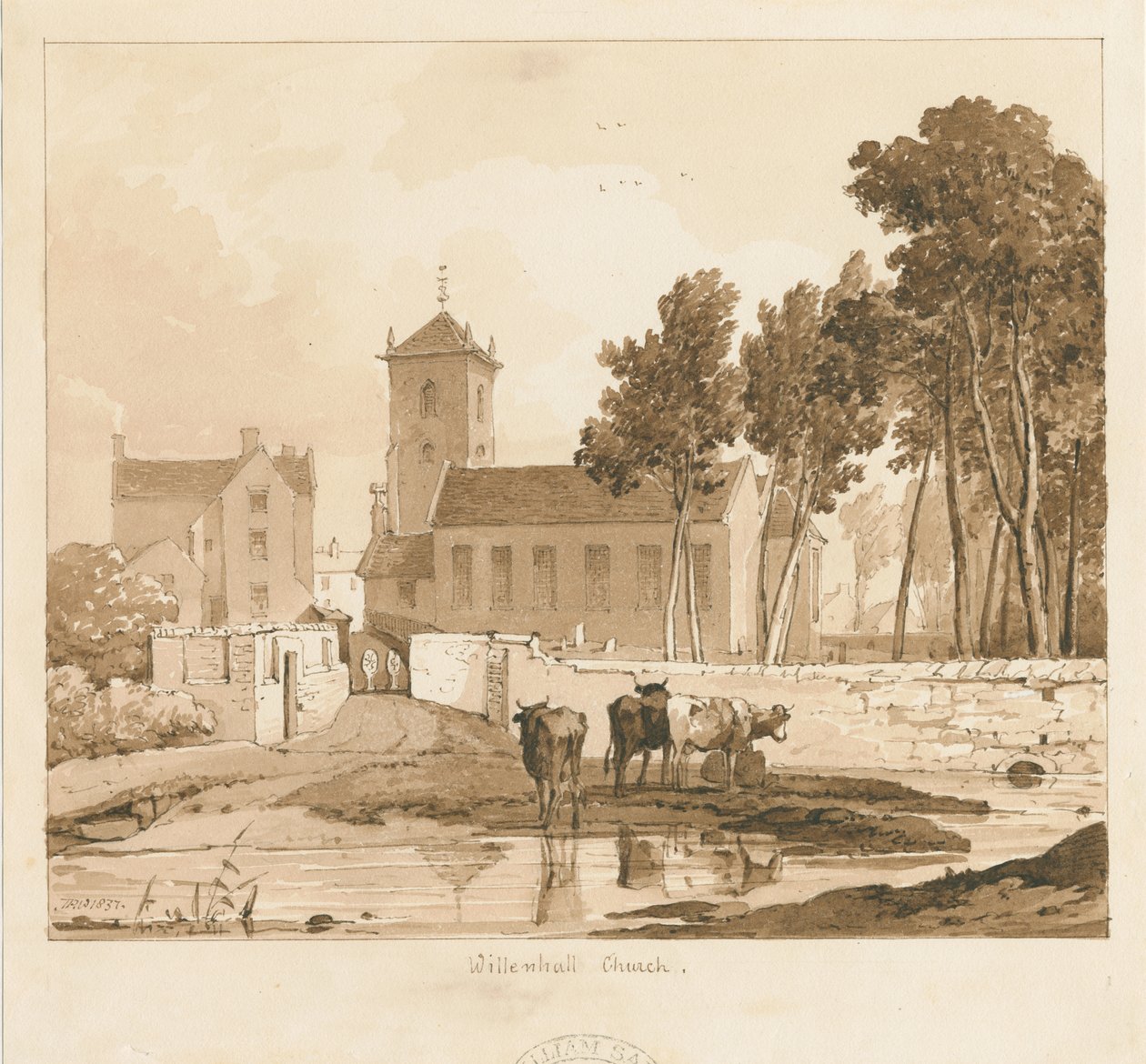 Willenhall Church: sepia tegning, 1837 af Thomas Peploe Wood