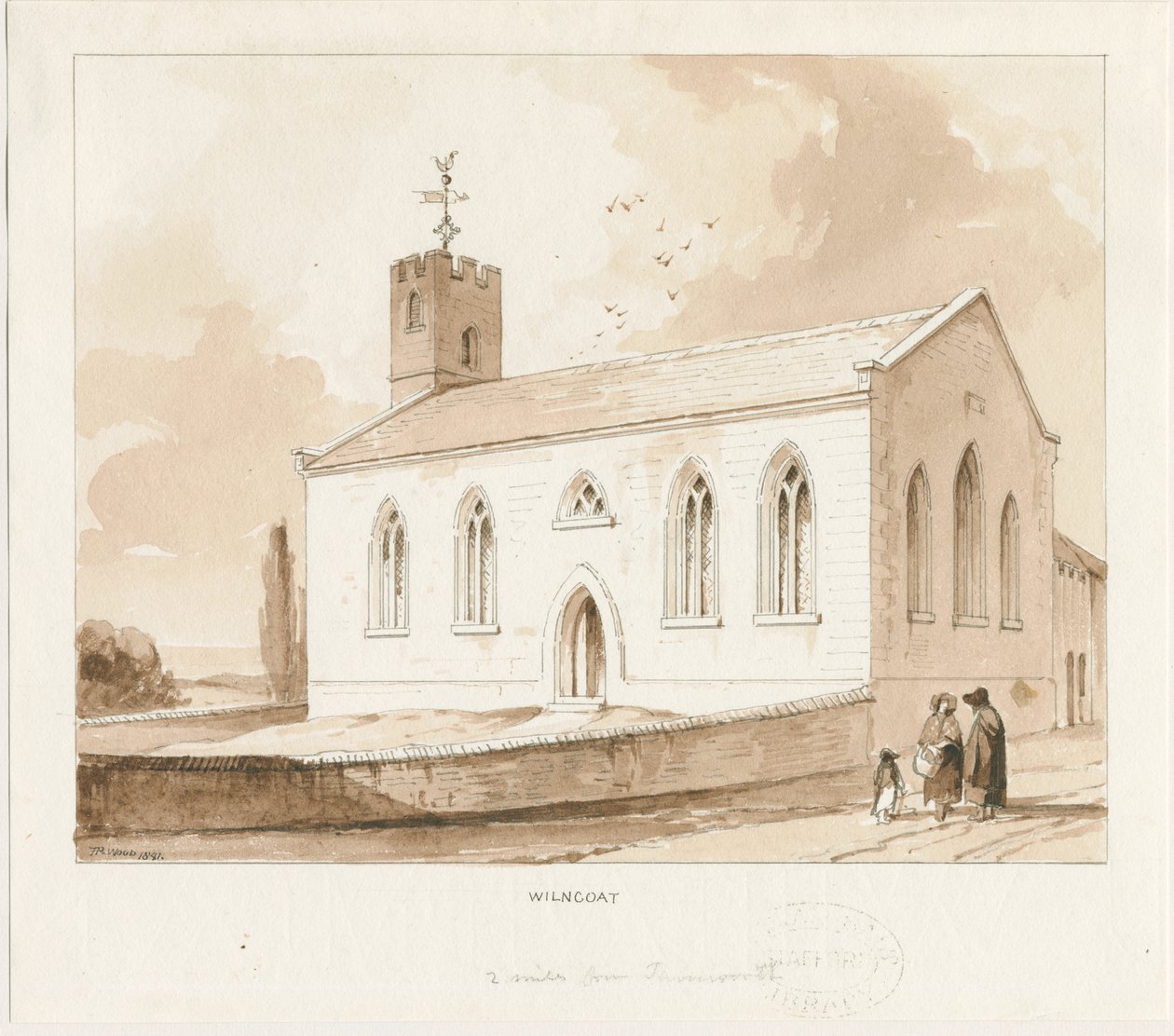 Wilnecote Kirke: sepia vask tegning af Thomas Peploe Wood