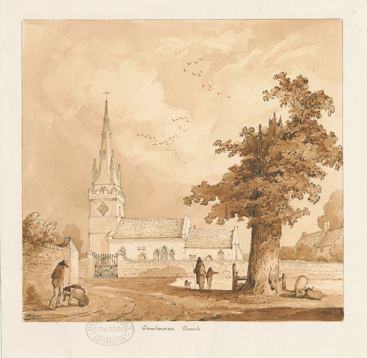 Wombourne Church: sepia tegning af Thomas Peploe Wood