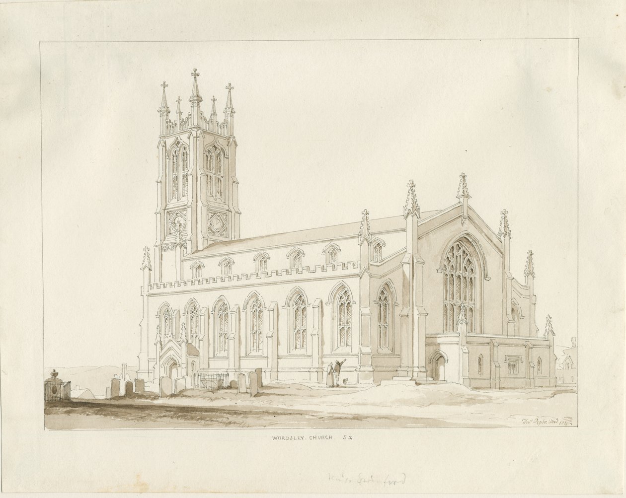 Wordsley Church: sepia tegning af Thomas Peploe Wood
