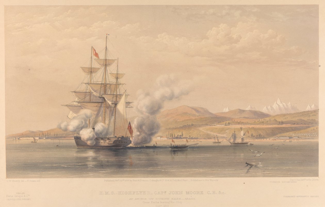 H.M.S. Highflyer Kaptajn John Moore C.B. c. for anker ud for Soukoum Kaleh-Abasia, Omar Pasha forlader skibet, oktober 1855 af Thomas Picken