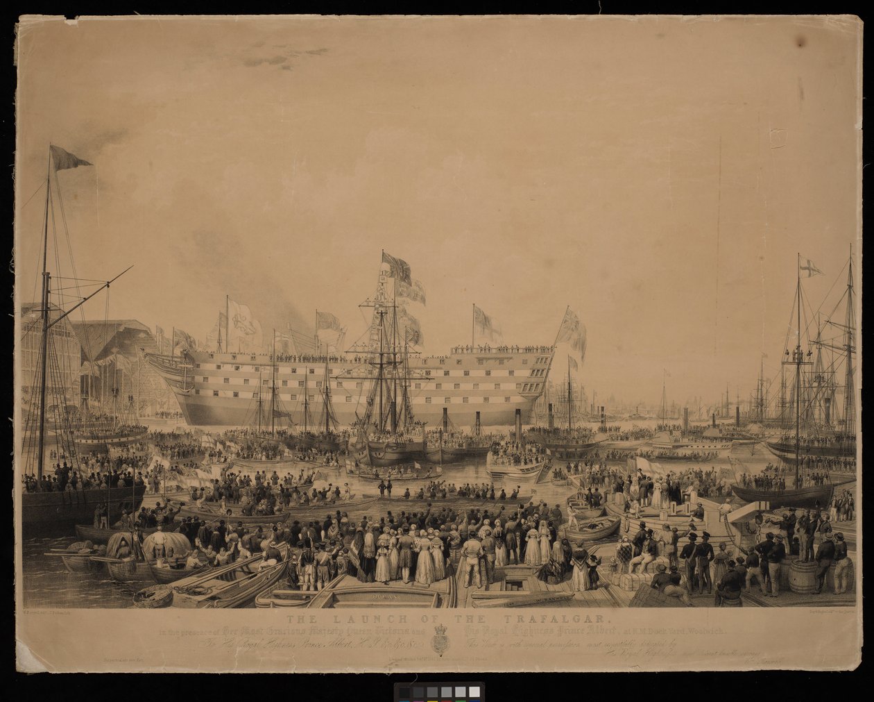 Søsætningen af Trafalgar i overværelse af Hendes Nådigste Majestæt Dronning Victoria og Hans Kongelige Højhed Prins Albert, på H.M. Dock Yard, Woolwich... af Thomas Picken