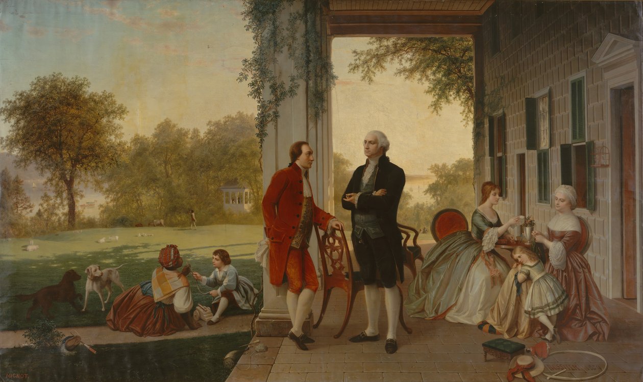 Washington og Lafayette ved Mount Vernon, 1784 Washingtons hjem efter krigen, 1859. af Thomas Pritchard Rossiter