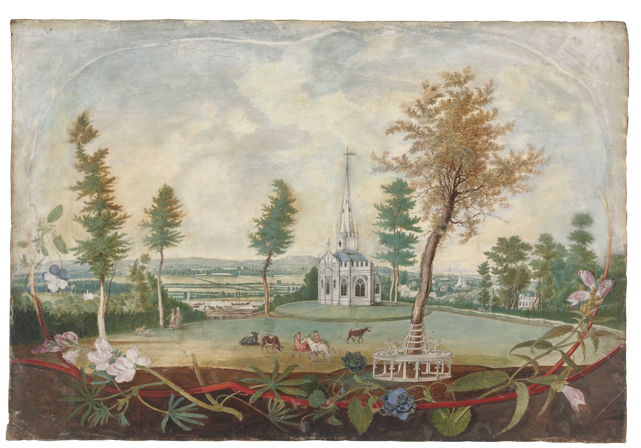 Et gotisk kapel i en stor park, i en kartouche dekoreret med afskårne blomster af Thomas Robins