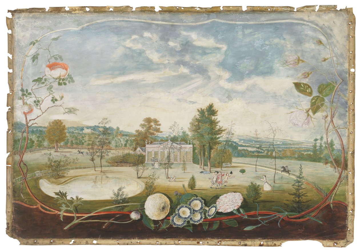 Drivhuset i Woodside House, Old Windsor, i en kartouche dekoreret med blomster af Thomas Robins