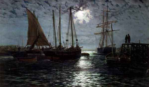 A Moonlit Harbor (olie på lærred) af Thomas Rose Miles
