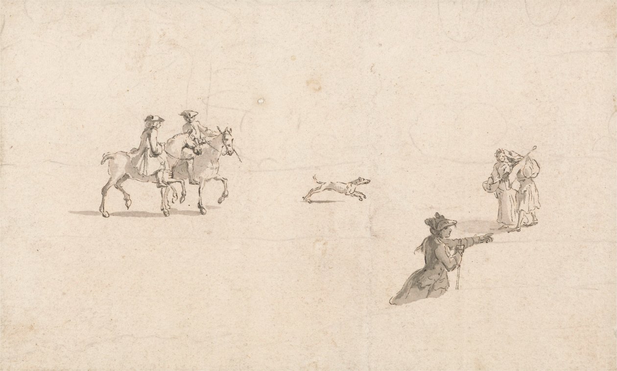 Ryttere, figurer og en hund (pen og blæk på papir) af Thomas Ross
