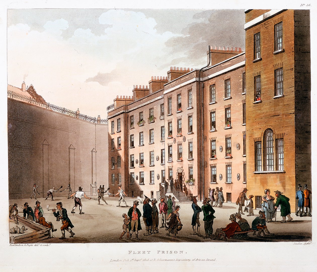 Indre domstol, Fleet Prison, London, 1808-1811 af Thomas Rowlandson, Augustus Charles Pugin