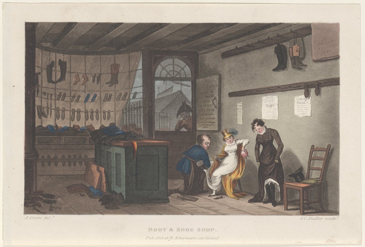 Boot & Shoe Shop, fra Poetical Sketches of Scarborough, 1813., 1813. Skabere: Thomas Rowlandson, Joseph Constantine Stadler, J. Bluck. af Thomas Rowlandson, Joseph Constantine Stadler, J. Bluck