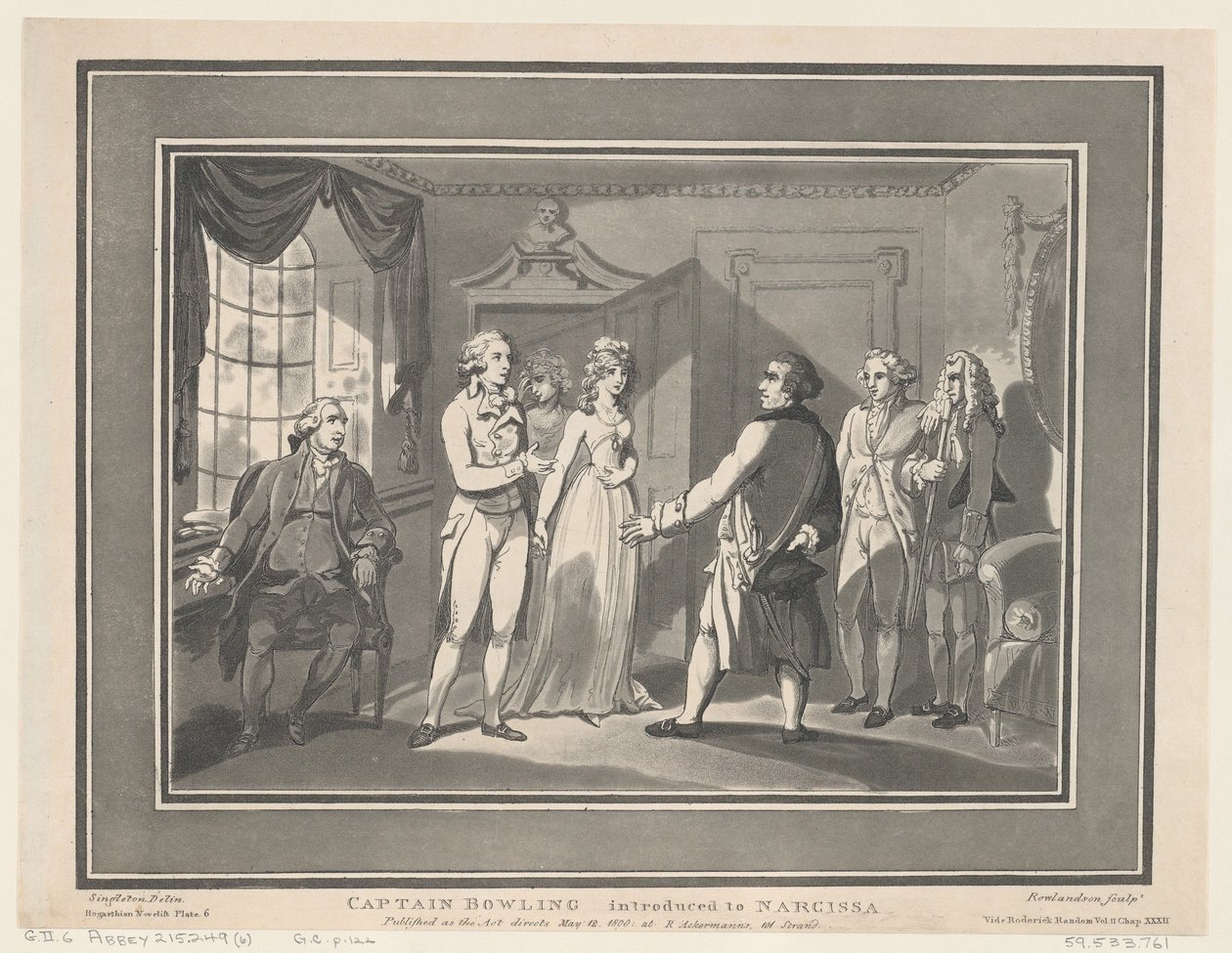 Kaptajn Bowling introduceret til Narcissa, 12. maj 1800., 12. maj 1800. Skabere: Thomas Rowlandson, Joseph Constantine Stadler. af ThomasThomas Rowlandson, Joseph Constantine Stadler Thomas Rowlandson, Joseph Constantine Stadler