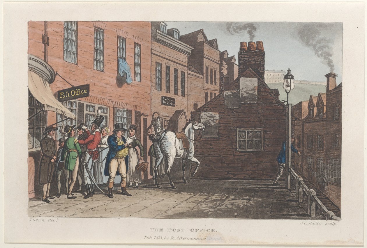 The Post Office, fra Poetical Sketches of Scarborough, 1813., 1813. Skabere: Thomas Rowlandson, Joseph Constantine Stadler, J. Bluck. af Thomas Rowlandson, Joseph Constantine Stadler, J. Bluck