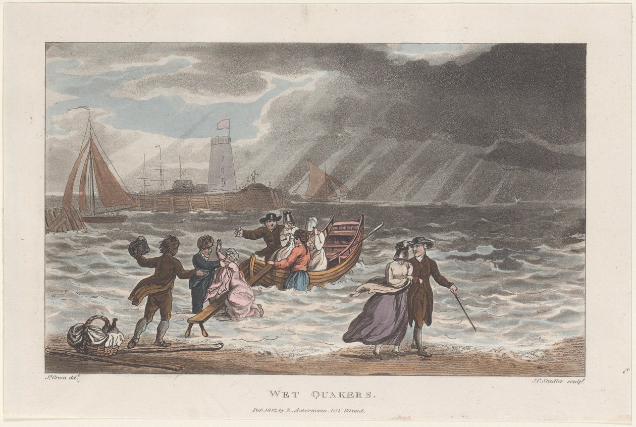 Wet Quakers, fra Poetical Sketches of Scarborough, 1813., 1813. Skabere: Thomas Rowlandson, Joseph Constantine Stadler, J. Bluck. af Thomas Rowlandson, Joseph Constantine Stadler, J. Bluck