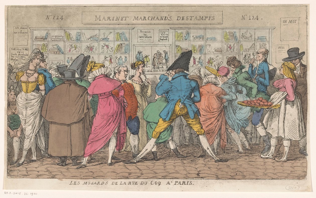 Folkemængde foran udgiver Aaron Martinets vindue i Rue du Coq i Paris Les musards de la rue du Coq a Paris (titel på objektet) af Thomas Rowlandson (attributed to)