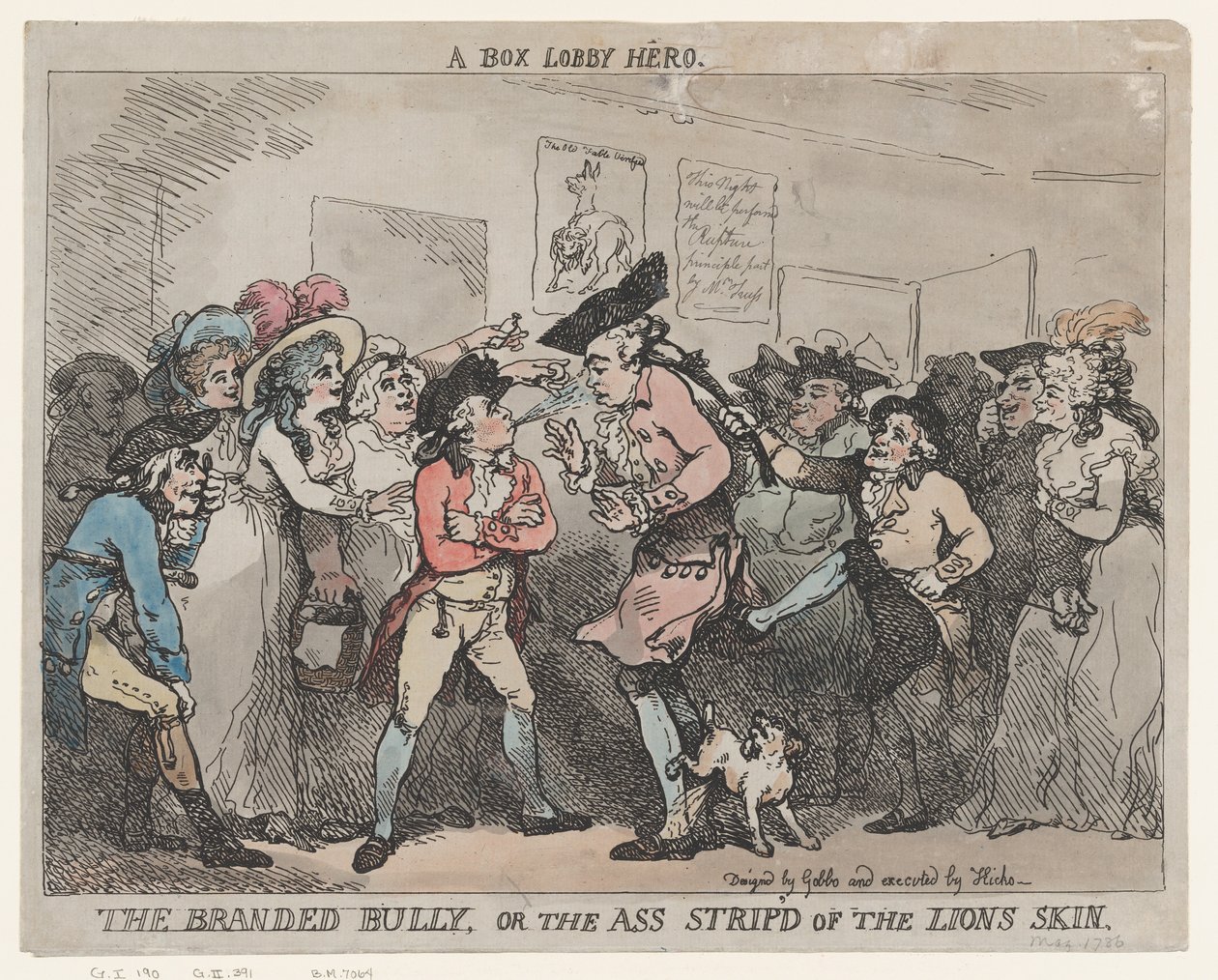 »En bokselobbyhelt«, »Den stemplede bølle« eller »Røven, der blev frataget løvens skind«. af Thomas Rowlandson