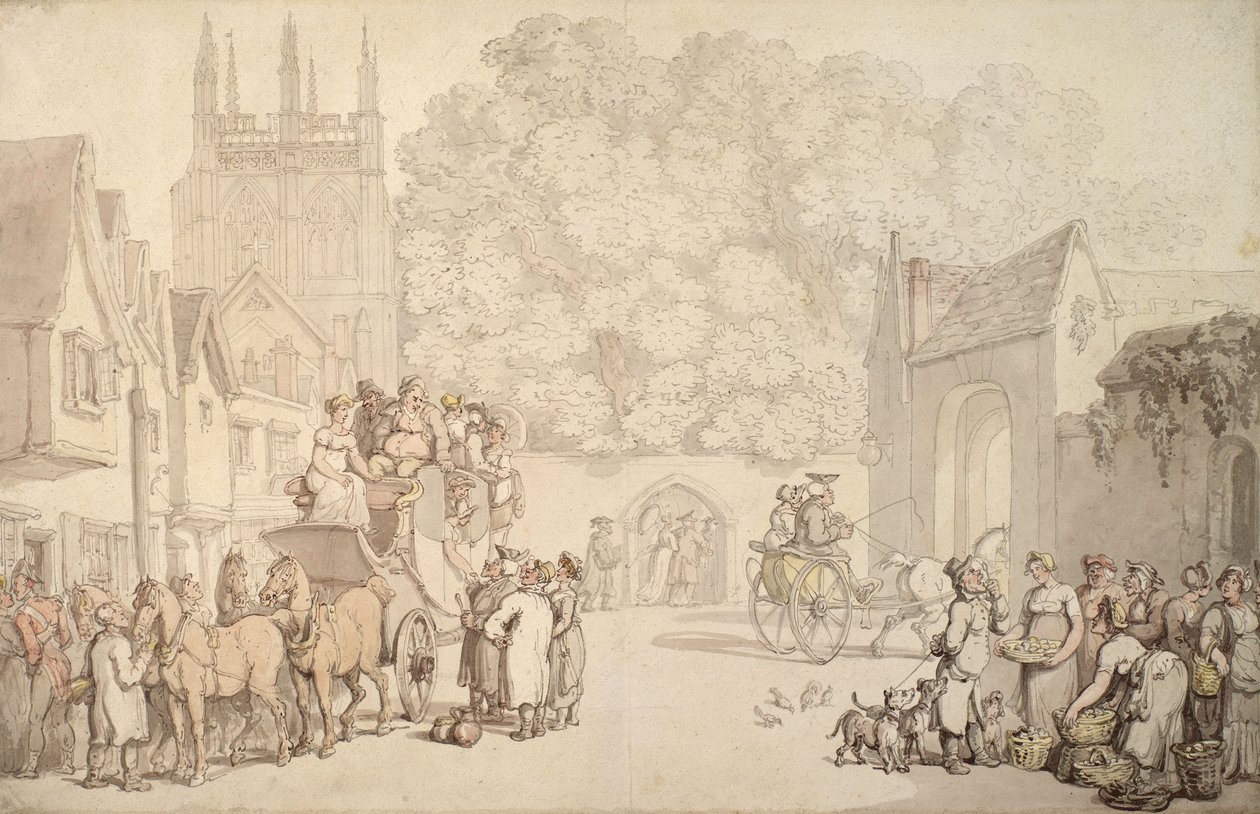En træner, der forbereder sig på at forlade Canterbury Gate, Christ Church, Oxford, ca. 1810-15 af Thomas Rowlandson