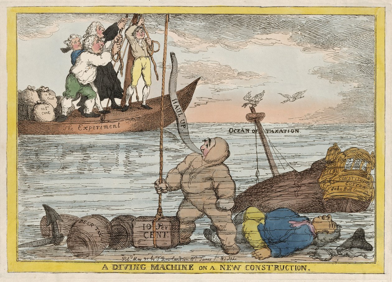 En dykkermaskine på en ny forfatning, pub. 1806 af Thomas Rowlandson