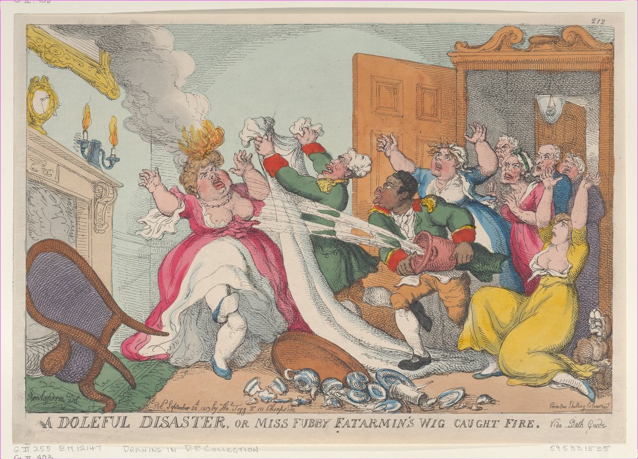 En dyb katastrofe, eller Miss Fubby Fatarmins paryk brød i brand, 20. september ..., 20. september 1813. af Thomas Rowlandson