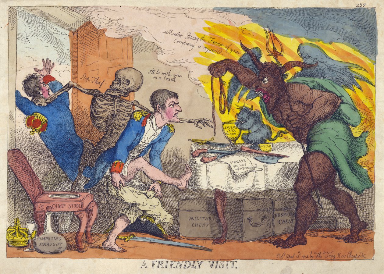 A FRIENDLY VISIT, Satire over Napoleons nederlag, abdikation og tilbagetrækning til Elba af Thomas Rowlandson