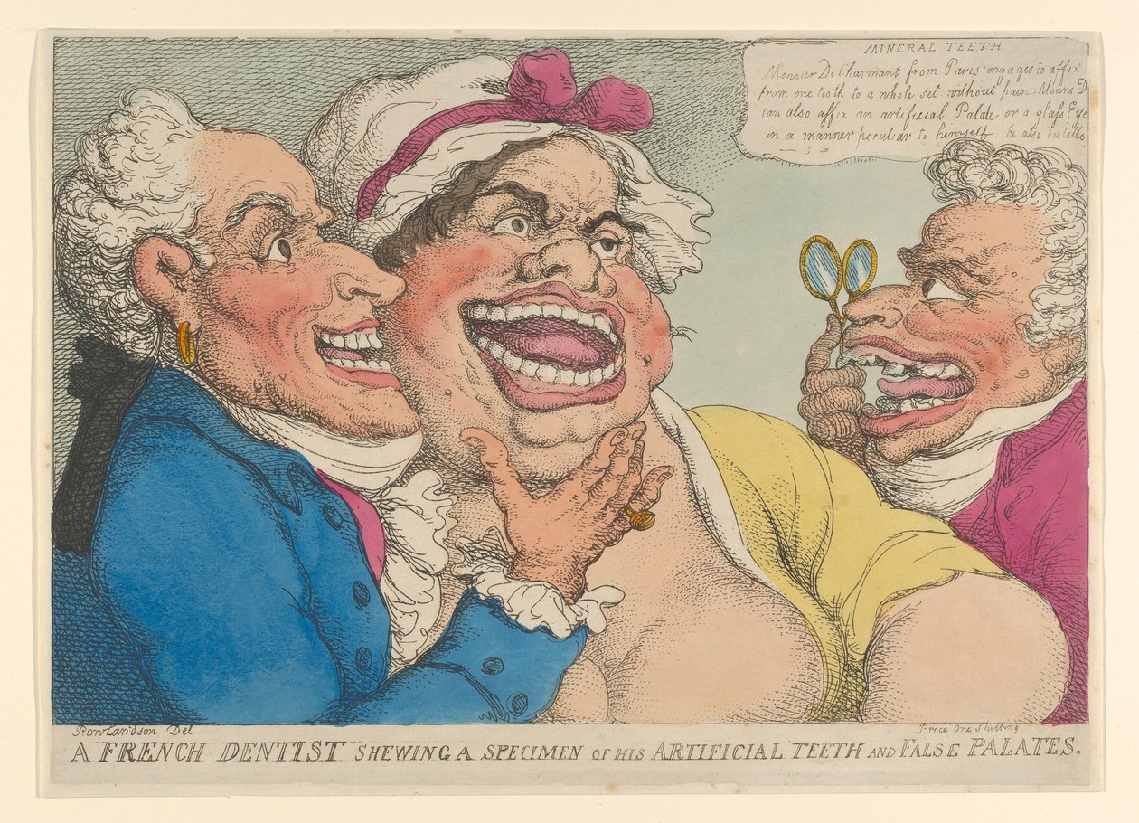 En fransk tandlæge, der viser et eksemplar af sine kunstige tænder og falske ganer, 1811., 1811. af Thomas Rowlandson