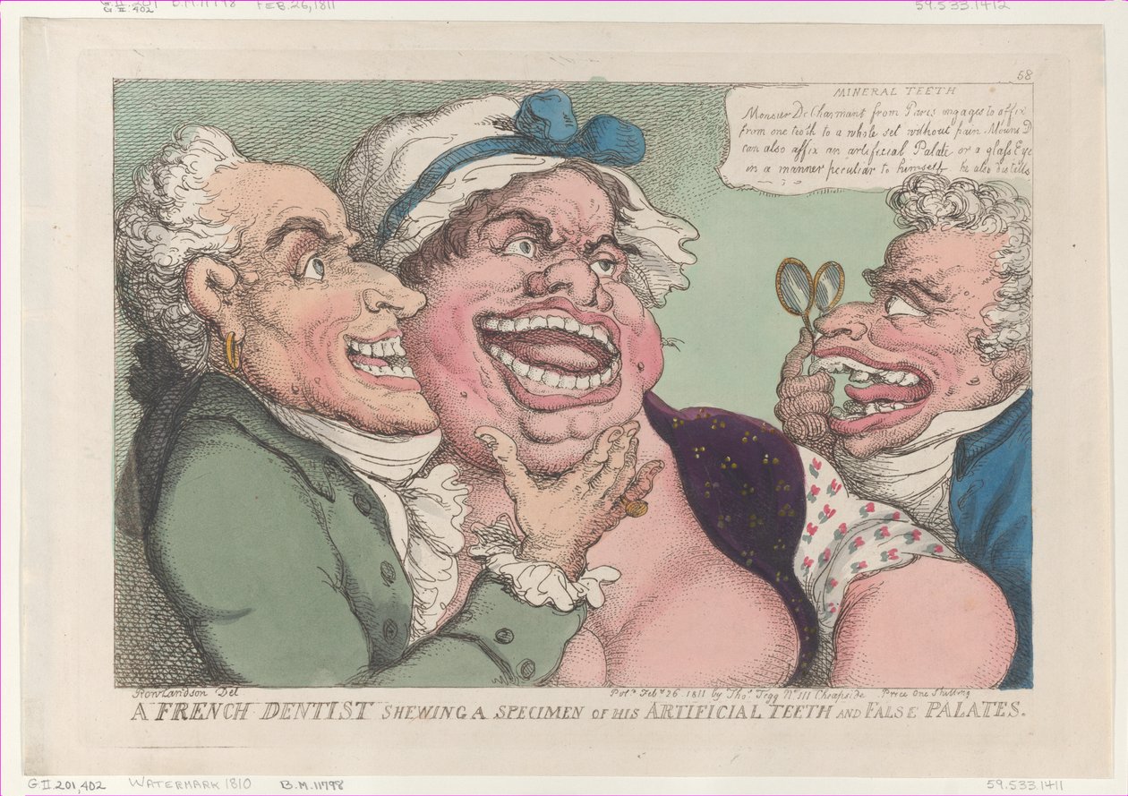 En fransk tandlæge, der viser et eksemplar af sine kunstige tænder og falske ganer..., 26. februar 1811. af Thomas Rowlandson