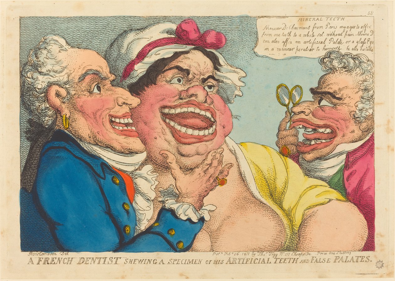 En fransk tandlæge, der viser et eksemplar af sine kunstige tænder og falske ganer af Thomas Rowlandson