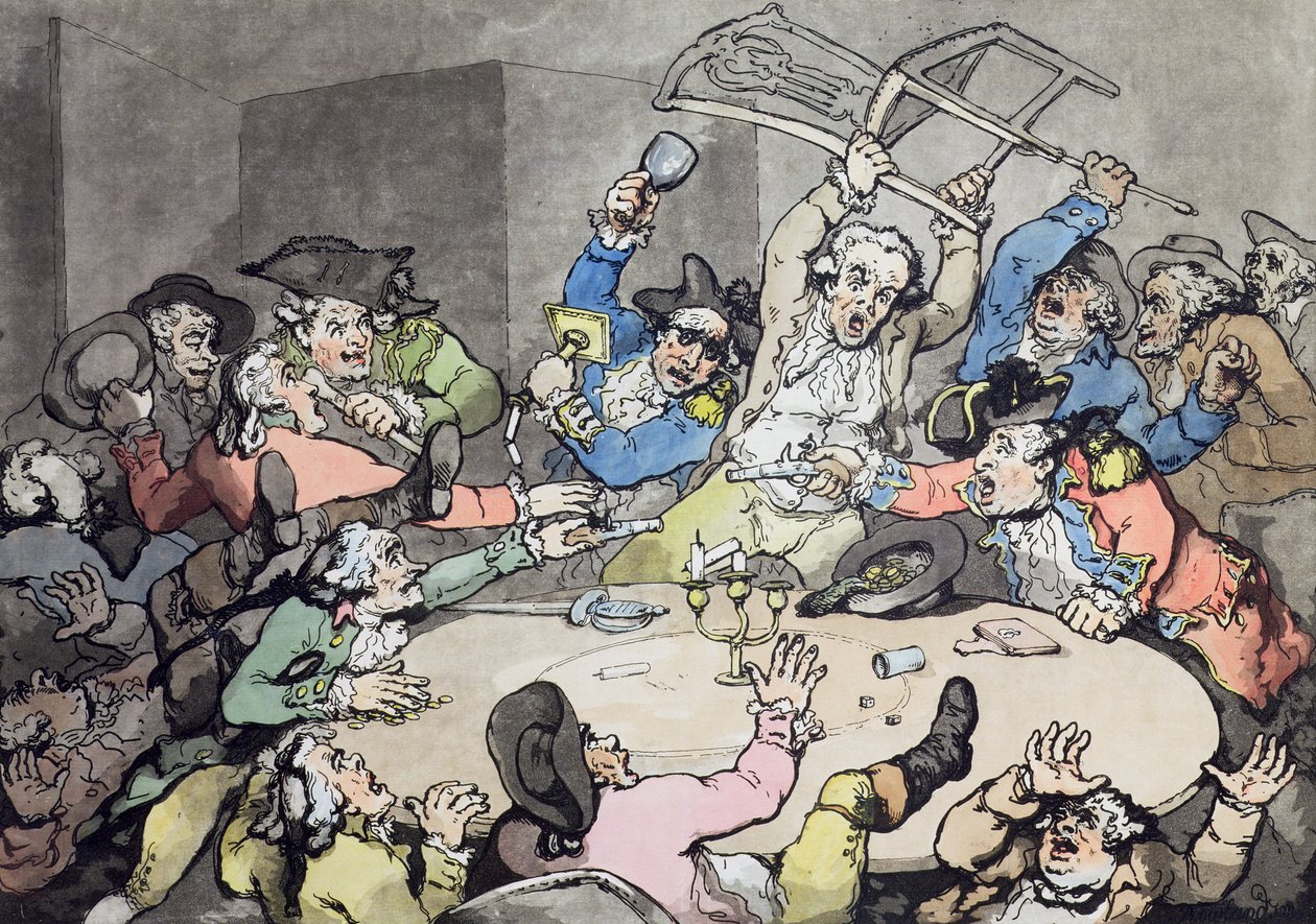 A Kick Up at a Hazard Table, pub. af J. Harris, 1787 (farvet radering med akvatint) af Thomas Rowlandson