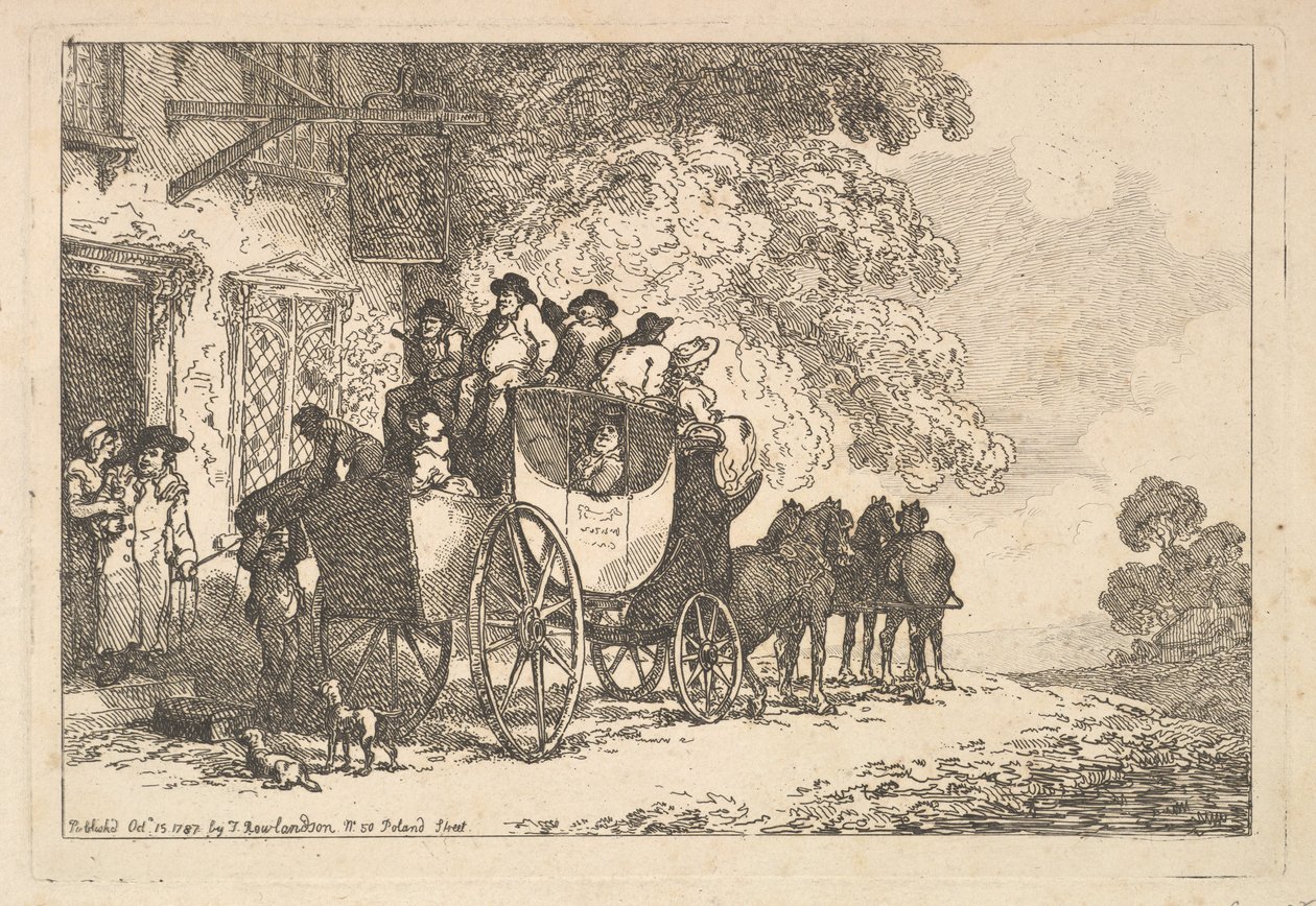 En fuldt lastet postvogn uden for et posthus af Thomas Rowlandson