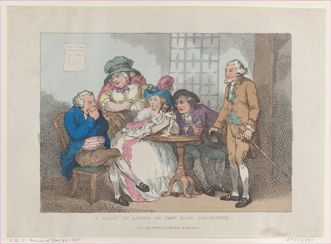 A Lady in Limbo, or Jøde Bail Rejected, [30. november,..., [30. november 1785], genudgivet 1. juli 1802. af Thomas Rowlandson