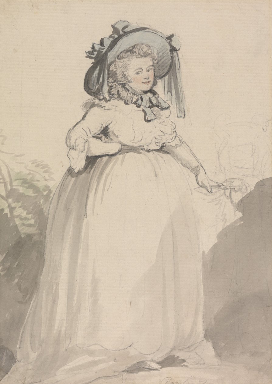 En dame i en hvid kjole med en blå hat på af Thomas Rowlandson