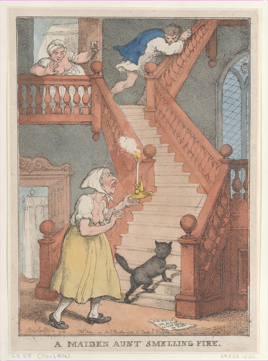 En jomfru tante lugter ild, [1. maj 1806], genudgivet 1. maj,..., [1. maj 1806], genudgivet 1. maj 1812. af Thomas Rowlandson