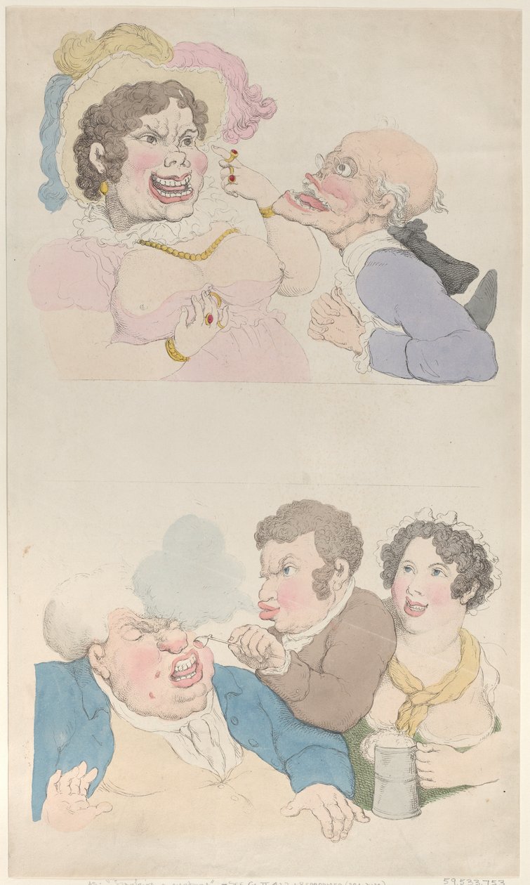 En mand lokket af en kvinde og ryger en kunde, 1800, 1800. af Thomas Rowlandson