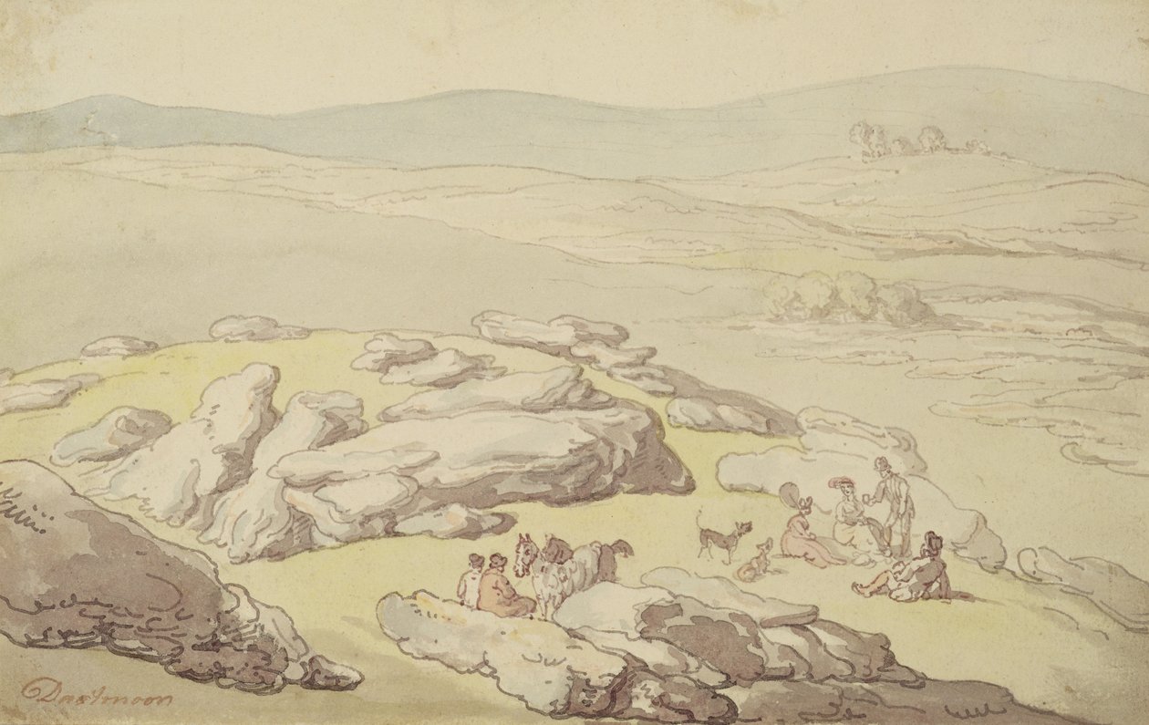 En picnic på Dartmoor (pen & blæk og akvarel på papir) af Thomas Rowlandson
