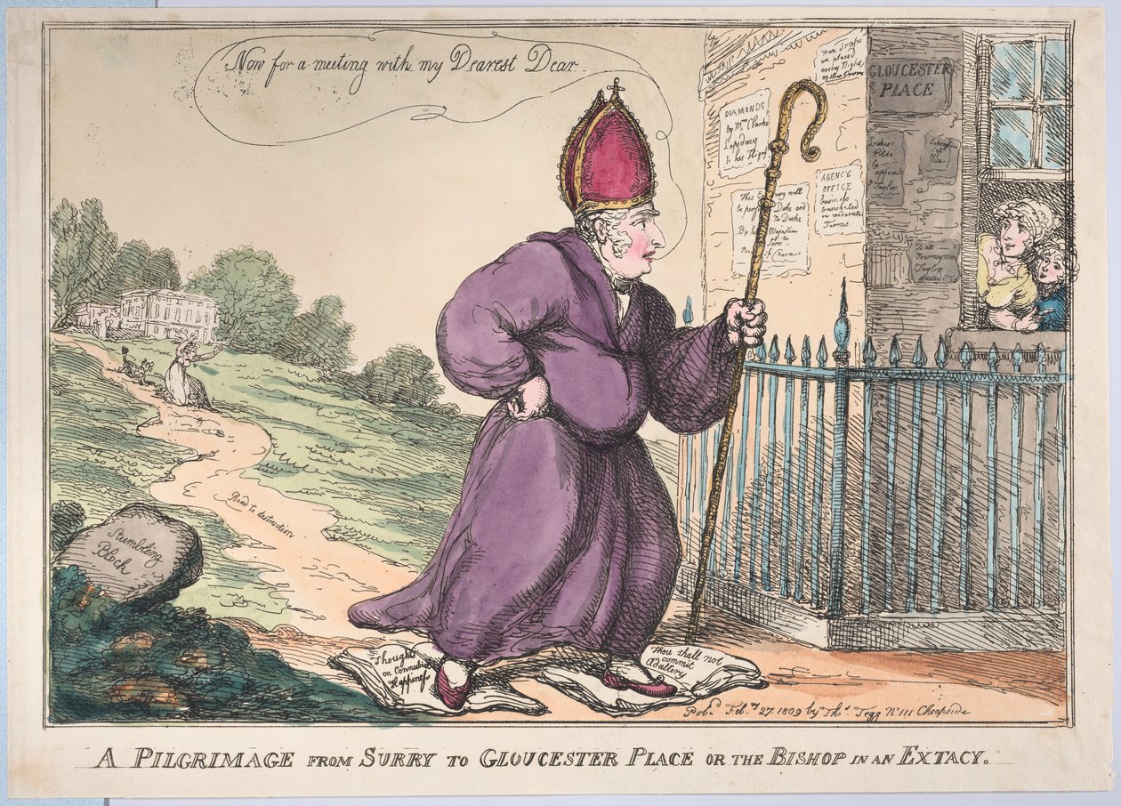En pilgrimsrejse fra Surry til Gloucester Place eller biskoppen i en ekstacy, 27. februar 1809. af Thomas Rowlandson