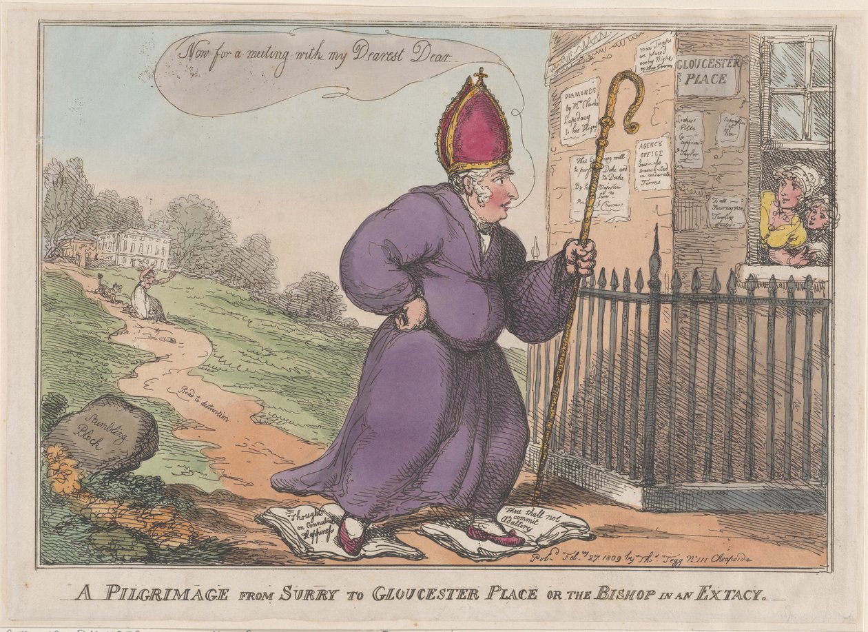 En pilgrimsrejse fra Surry til Gloucester Place eller biskoppen i en ekstacy, 27. februar 1809. af Thomas Rowlandson
