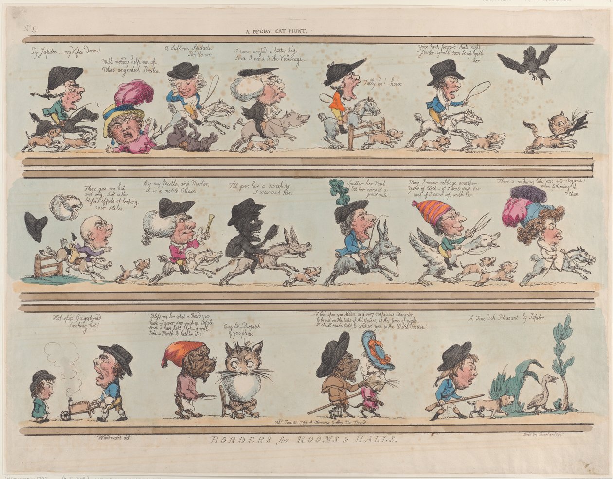En pygmækattejagt, grænser til rum og haller, tavle 9, 20. juni 1799., 20. juni 1799. af Thomas Rowlandson