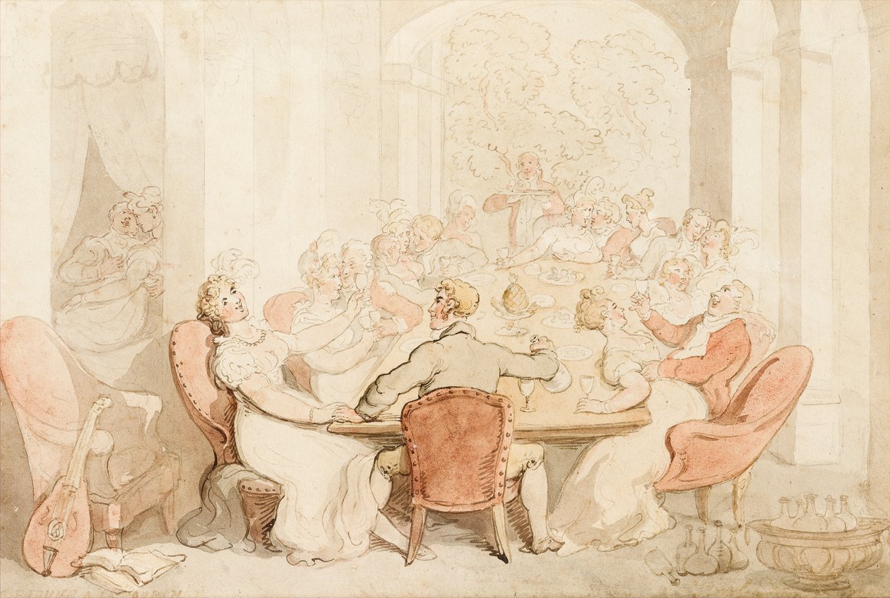 En uhyggelig frokost på et landsted (blæk og farvevask på papir) af Thomas Rowlandson