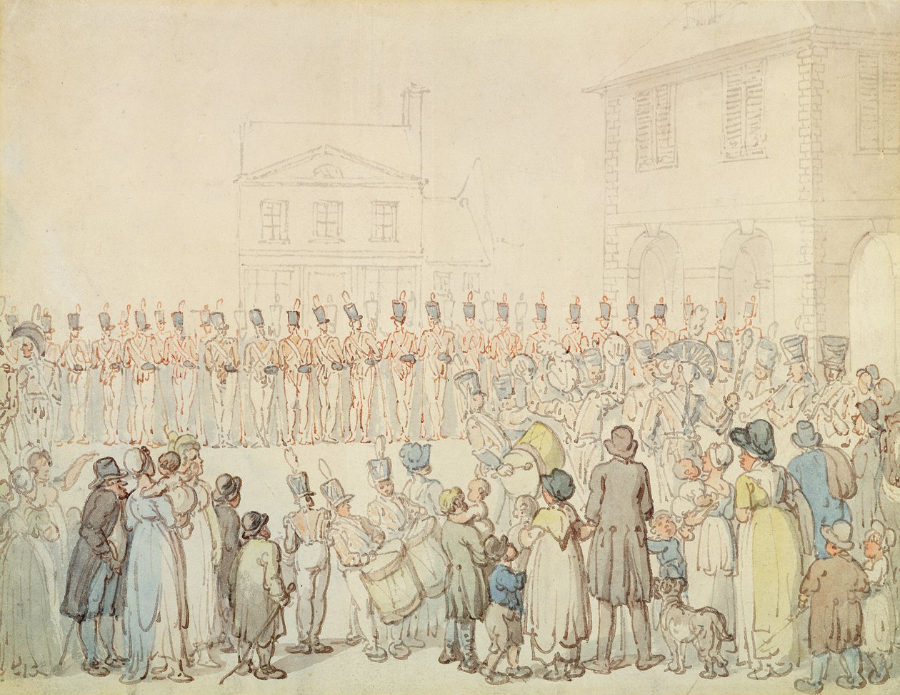 En anmeldelse af Northamptonshire Militia i Brackley, Northants (pen og blæk med akvarel på papir) af Thomas Rowlandson