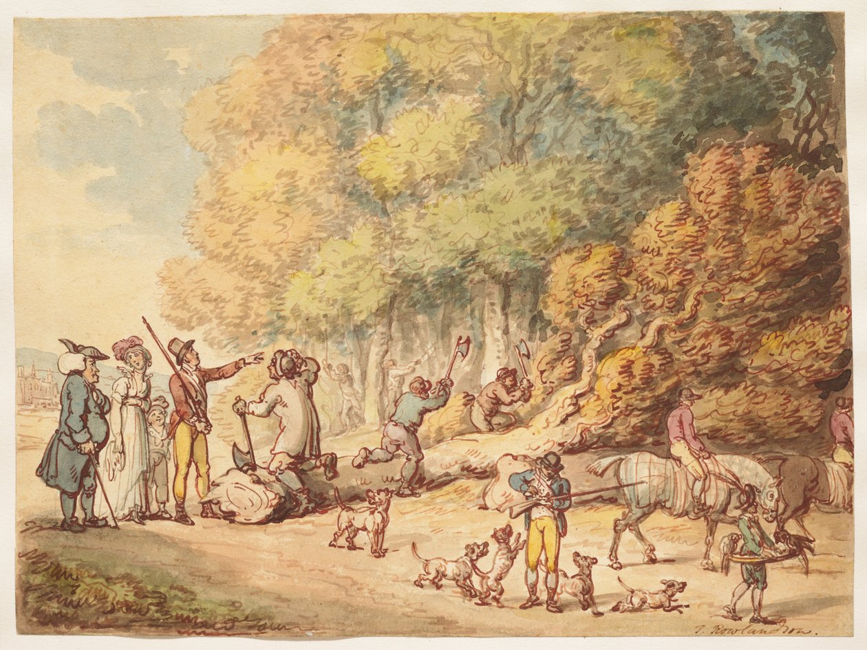 En jæger med sin familie, der instruerer skovarbejdere i at hugge et fældet træ op af Thomas Rowlandson