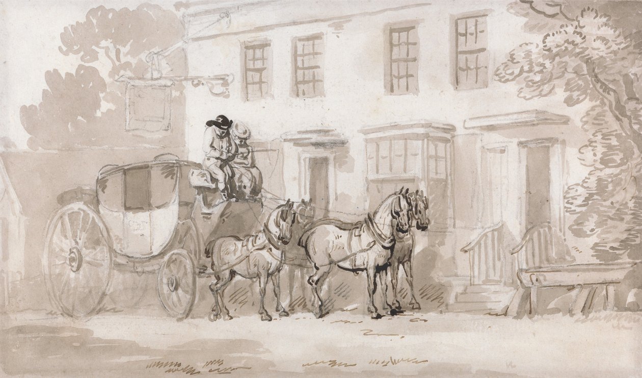 En diligence uden for indgangen til et værtshus af Thomas Rowlandson