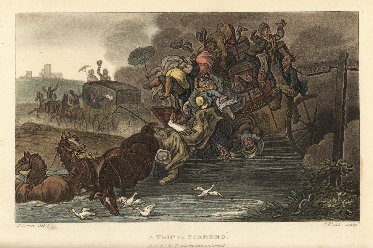 En tur til Scarbro: En bus overfyldt med bagage og passagerer kører ind i en dam. Håndfarvet kobberstik af Thomas Rowlandson, akvatint af J. Bluck, efter en skitse af J. Green fra Poetical Sketches of Scarborough, Ackermann, London af Thomas Rowlandson