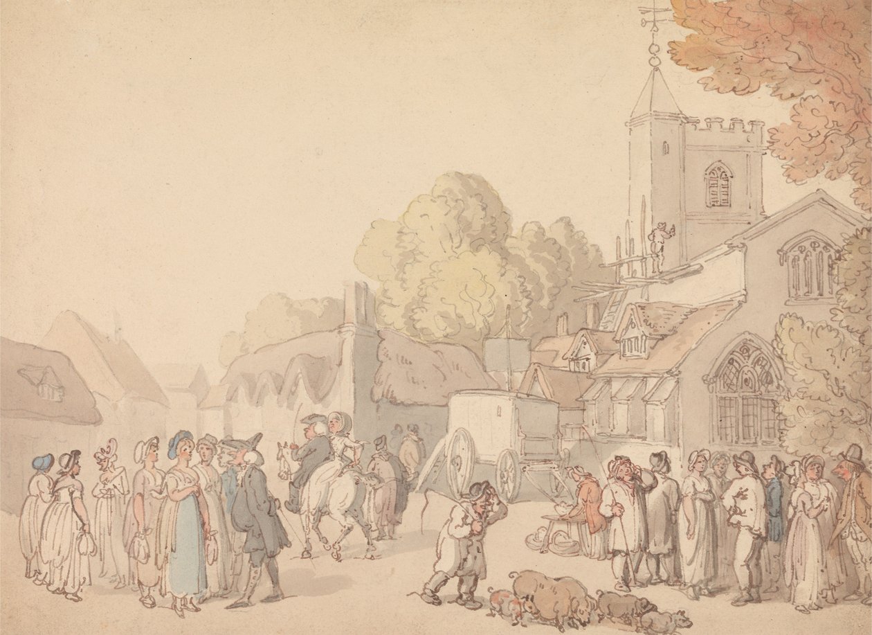 En landsbyskene uden for en kirke af Thomas Rowlandson