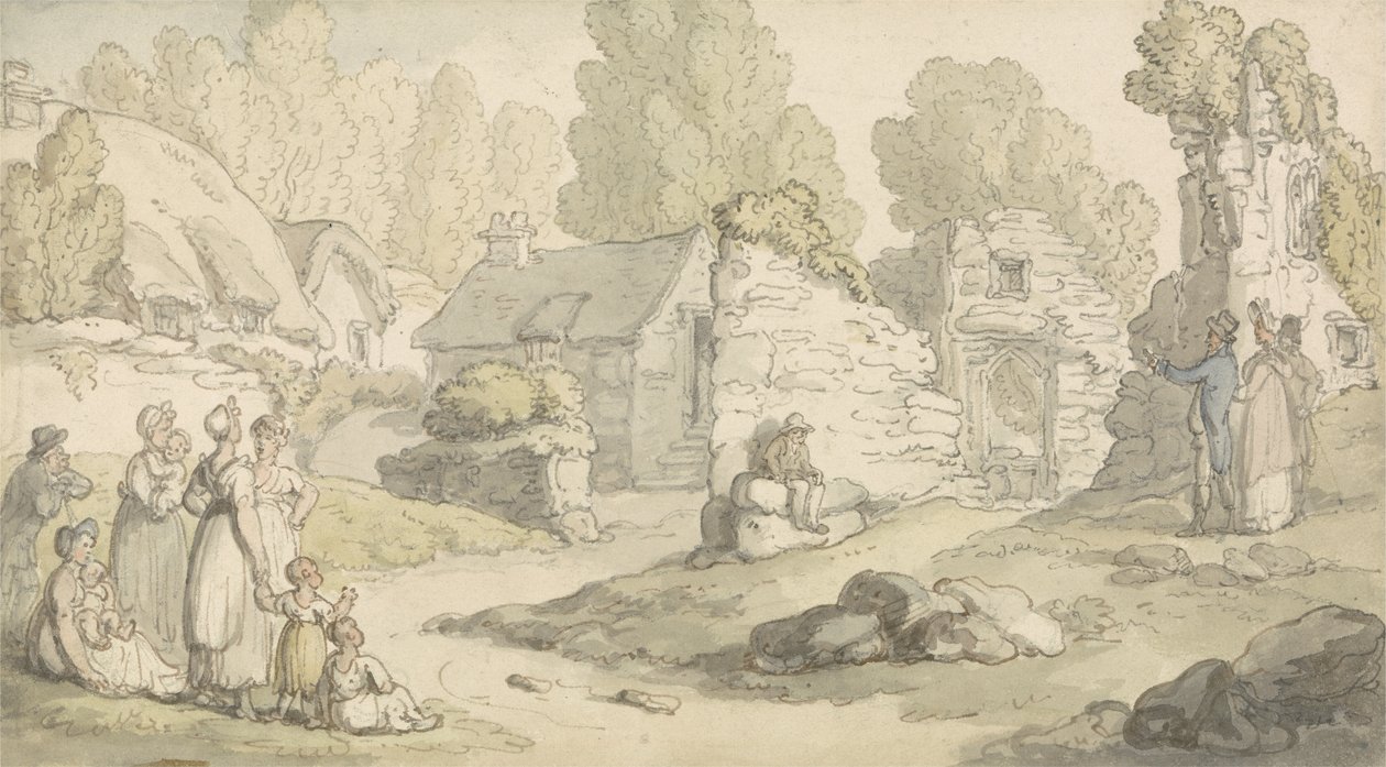 En landsbyscene med figurer og ødelagte bygninger (akvarel, pen og blæk og blyant på papir) af Thomas Rowlandson