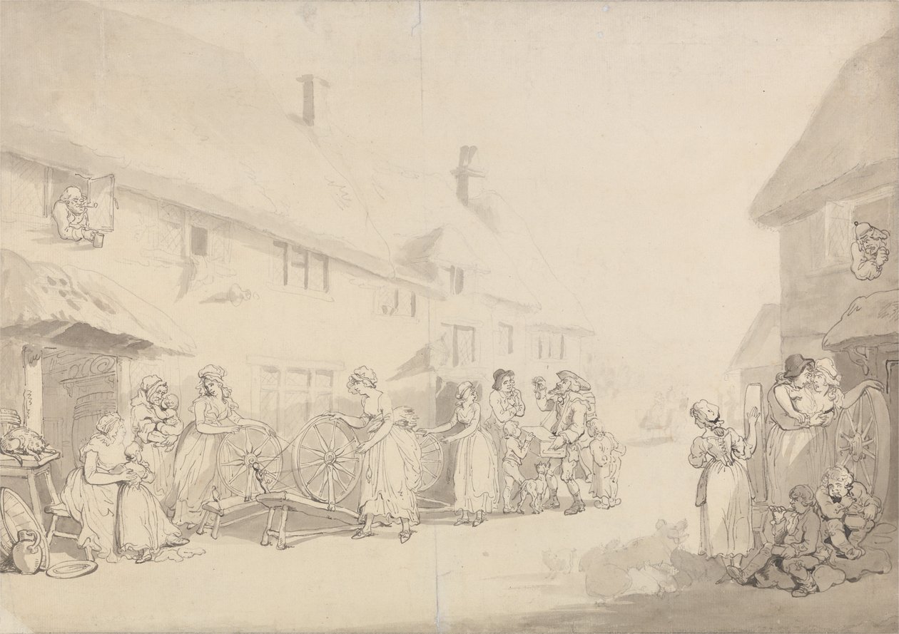 En landsbyskene med piger, der spinder af Thomas Rowlandson