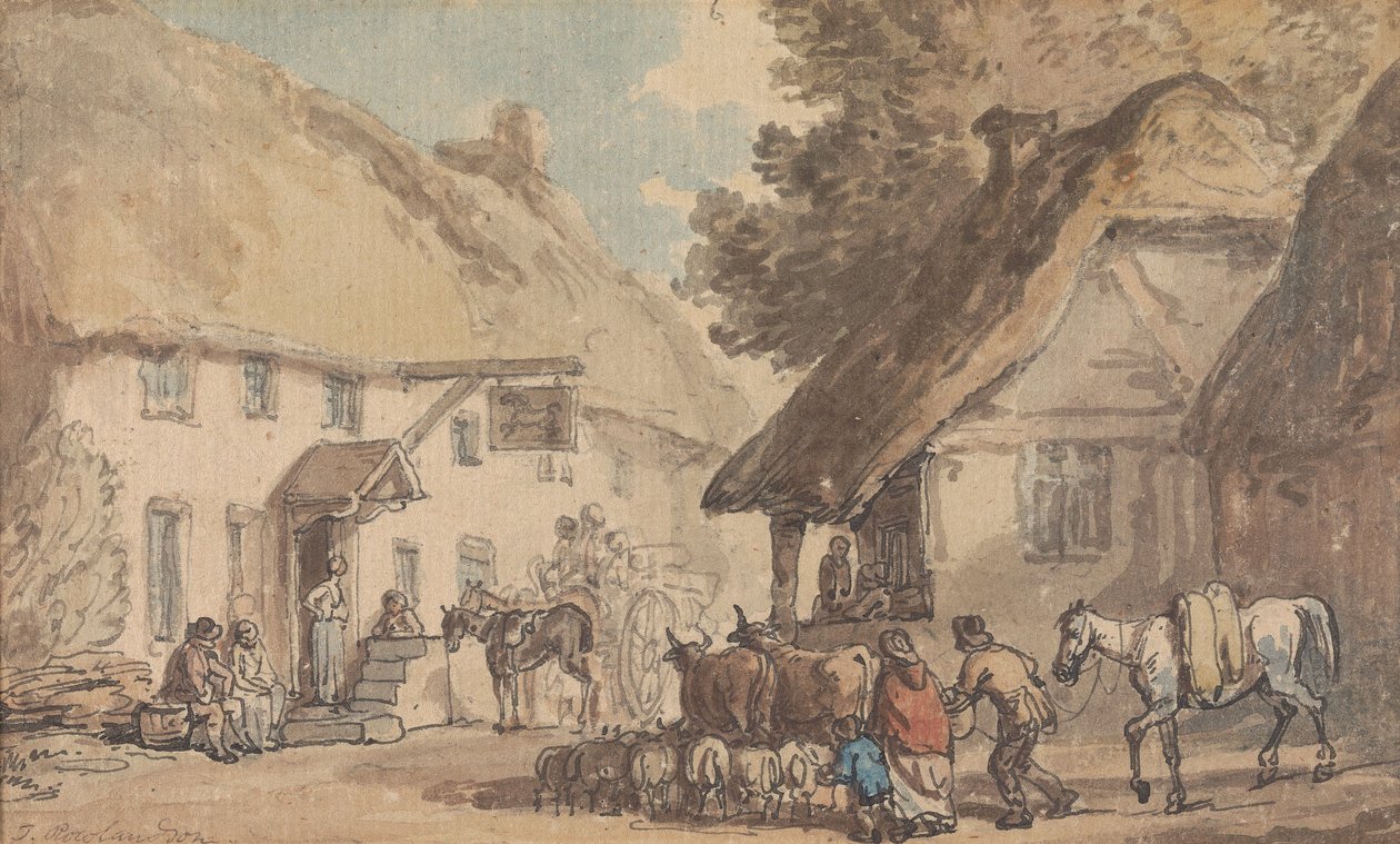 En landsbygade, hvor kvæg og får drives igennem af Thomas Rowlandson