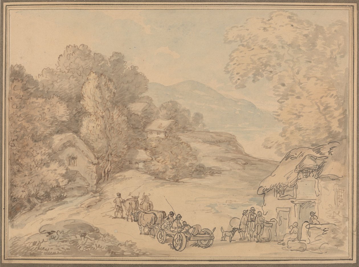 En landsby i et kuperet landskab af Thomas Rowlandson
