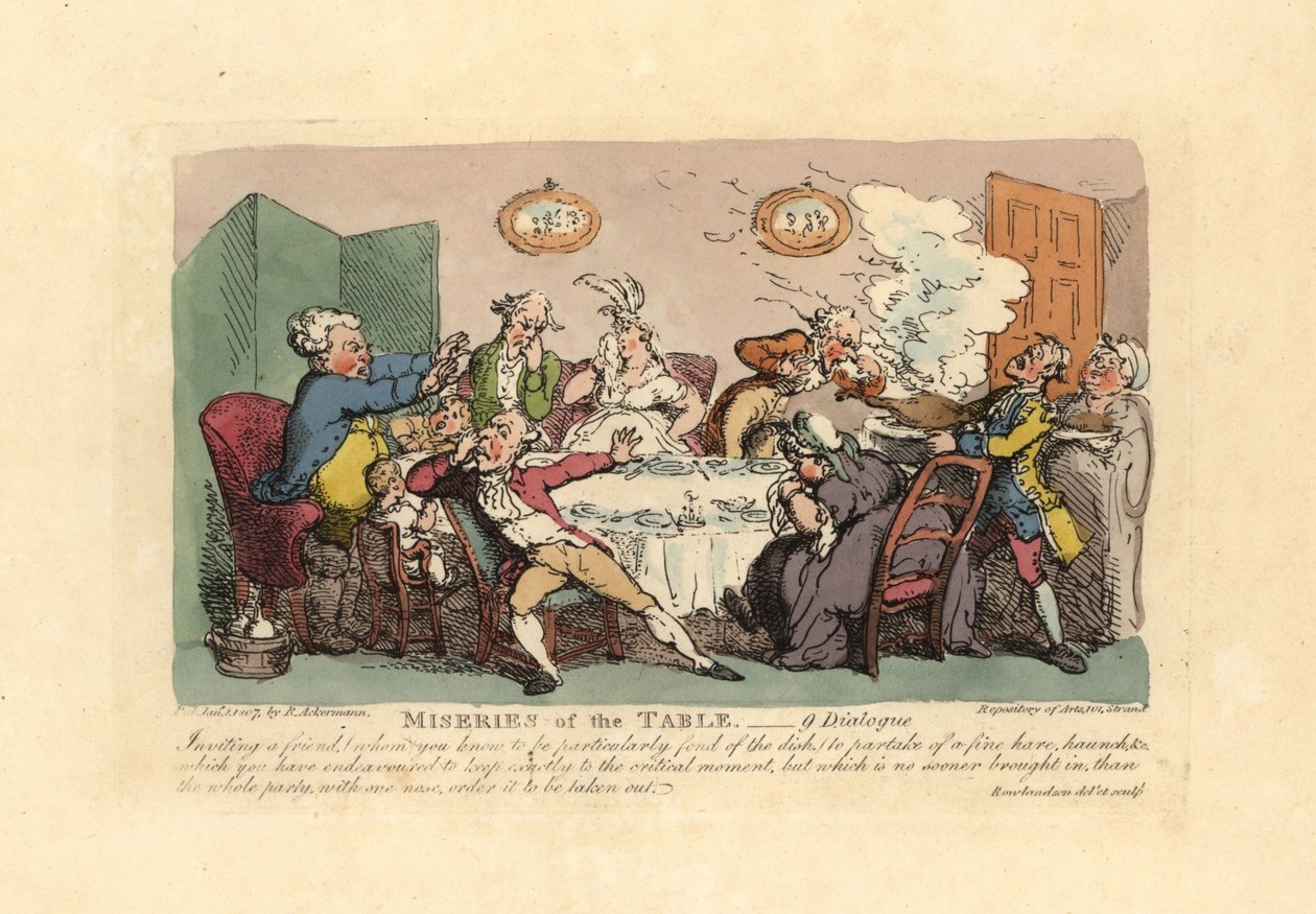 Et middagsselskab ødelagt af ankomsten af en stinkende vildtret. af Thomas Rowlandson