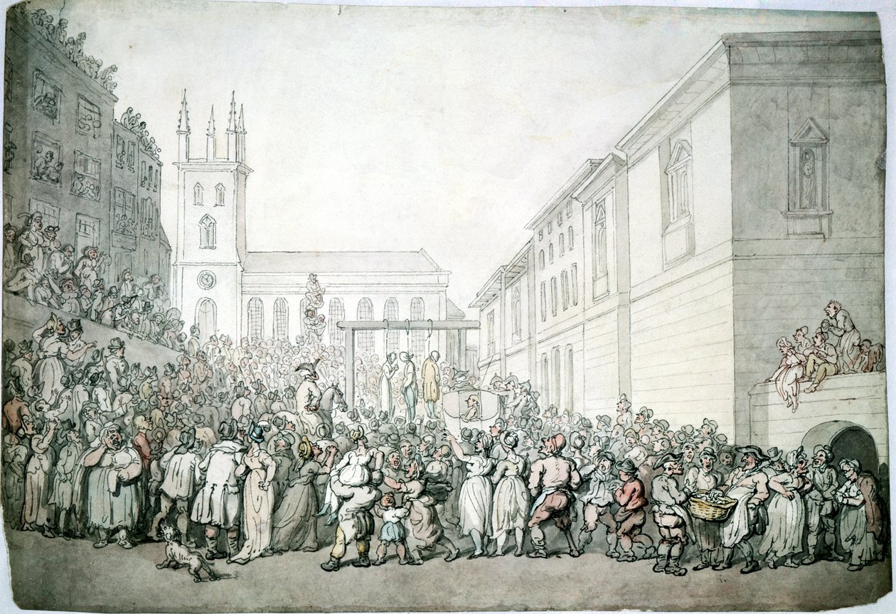 En offentlig henrettelse i Newgate, London, slutningen af det 18. århundrede af Thomas Rowlandson