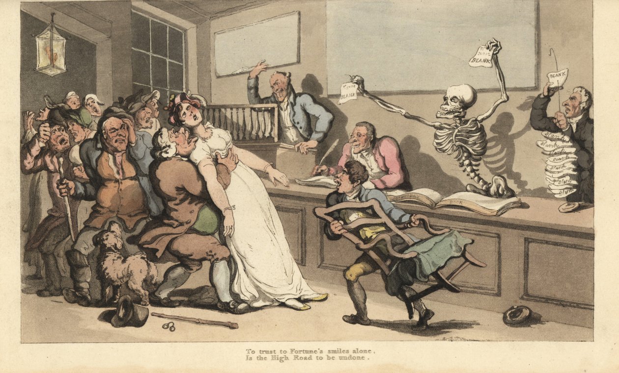 En kvinde udløber i chok ved synet af et blankt stykke papir svinget af Dødens skelet på et lotterikontor. Håndfarvet kobberplade tegnet og graveret af Thomas Rowlandson fra The English Dance of Death, Ackermann, London af Thomas Rowlandson